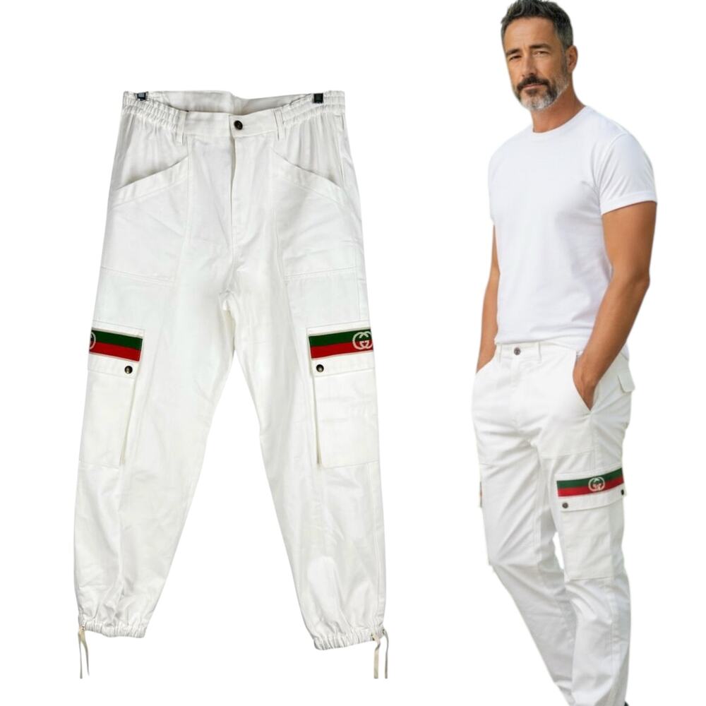 New Gucci Off White Canvas Pressed Cotton Cargo Pants Size 50